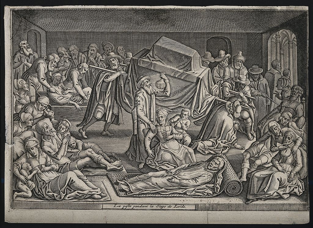 The_plague_in_Leiden_in_1574;_a_doctor_examines_a_urine_flas_Wellcome_V0010590